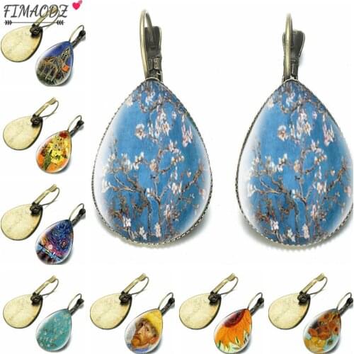 FIMAODZ Van Gogh Oil Painting Earrings Vintage Sunflower Glass Crystal Silver Bronze Dangle Earring Hand Craft Jewelry