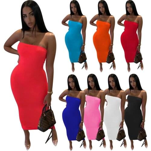 Women Sexy Tube Top Long Dress Sexy Summer Fashion Solid Color Off Shoulder Skinny Hip Nightclub Party Mid -Calf Lady Dress