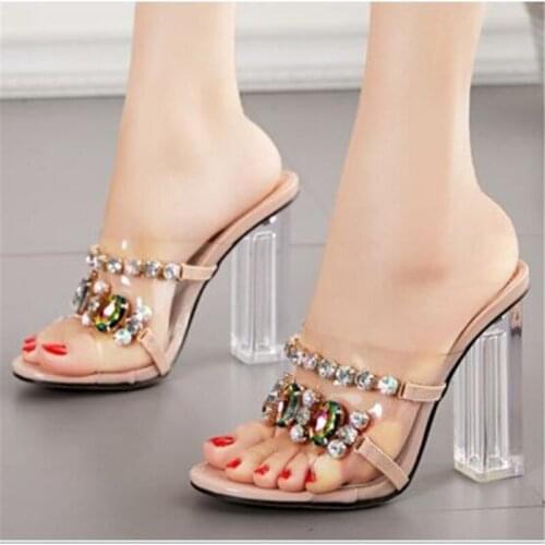 Women sandals PVC Slip On 11CM Square heel High heels Round Toe Rhinestones Shallow zapatos de mujer women shoes size 35-42