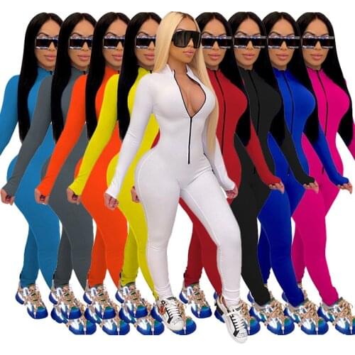 2021 New Style Women Solid Color One Piece Jumpsuit Ladies Zipper Front Long Sleeve Fitness Rompers Playsuits Plus Size Bodysuit