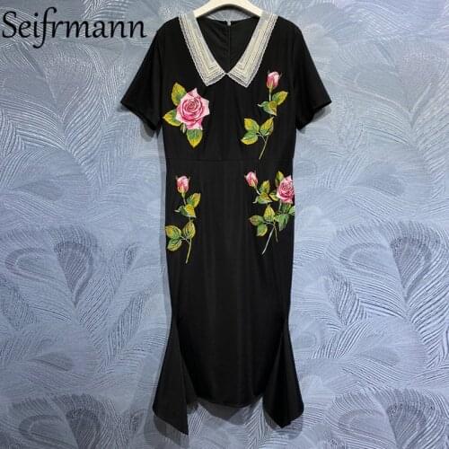 Seifrmann New 2021 Summer Women Fashion Designer Mermaid Dress Short Sleeve Gorgeous Beading Embroidery Ladies Party Midi Dress