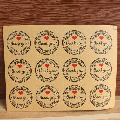 12/60PCS Round Labels Paper Bag Kraft Thank You Stickers Thank You Red Love Self-adhesive Stickers Garment Labels