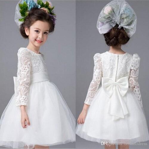 2021 New Flower Girl Dresses with Bow Long Sleeves Wedding Party Communion Pageant Dress for Little Girls Kids/Children Dress