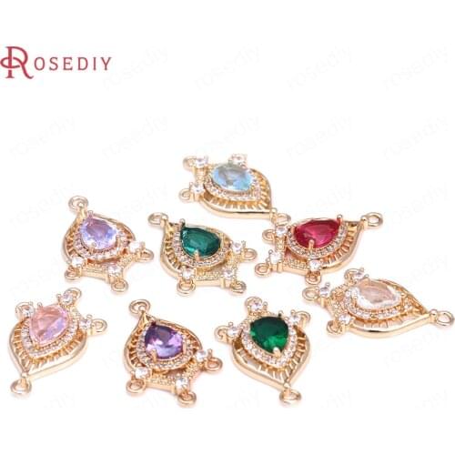 6PCS 16x25MM 24K Champagne Gold Color Brass and Zircon and Glass Drop Shape Earrings Connect Charms Pendants Making Supplies