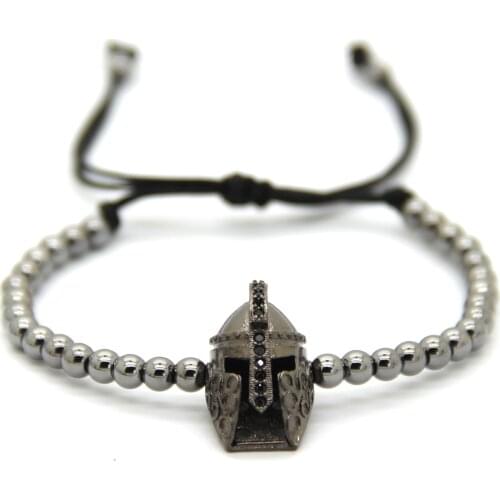 Ailatu 4mm Bronze Beads Weave Micro Pave CZ Powerful Spartan Helmet Charm Mens Trendy Braided Macrame Bracelet