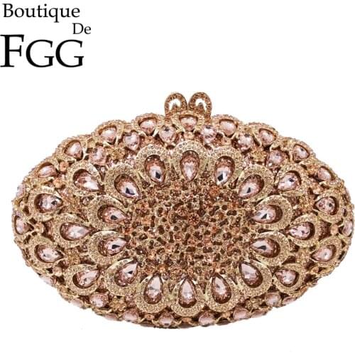 Boutique De FGG Hollow Out Champagne Women Crystal Clutch Minaudiere Evening Bags Bridal Diamond Handbags Wedding Dinner Purses