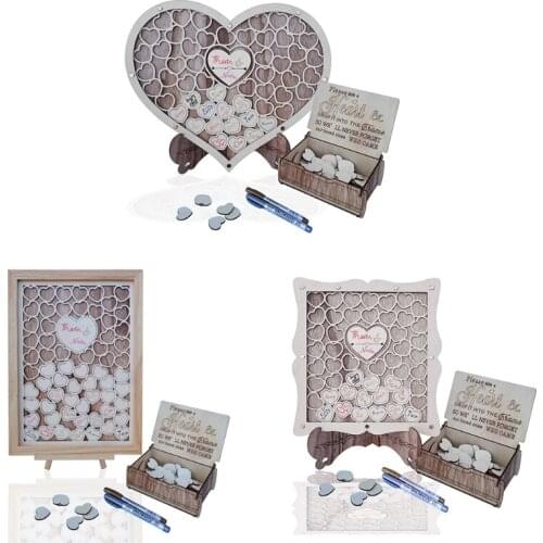 Wooden Personalized Wedding Guest Book Frame Alternative Carving Heart Shape Sign with Box Rustic Birthday Party Decor