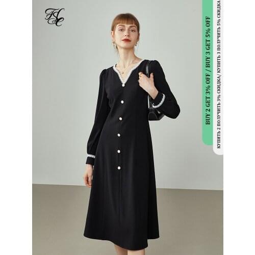 FANSILANEN Dress For Women French Romantic Lace Stitching Black Dress Autumn Newly Vintage Elegant Dress Solid Long Sleeve Dress
