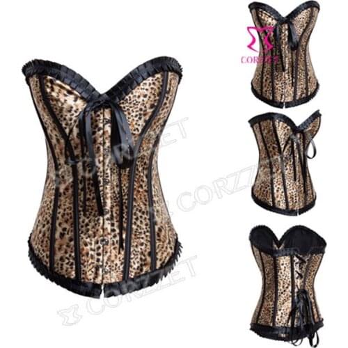 Gothic Satin Leopard Sexy Corset Top Women Steampunk Waist Trainer Corsets And Bustiers Overbust Corpetes E Espartilhos 2014