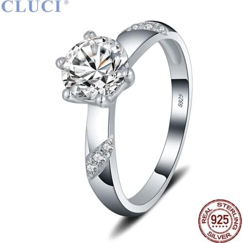 CLUCI Real 925 Sterling Silver Classic Five Claws AAA White Zircon Finger Ring for Women Party Wedding Jewelry Ring DR1062SB