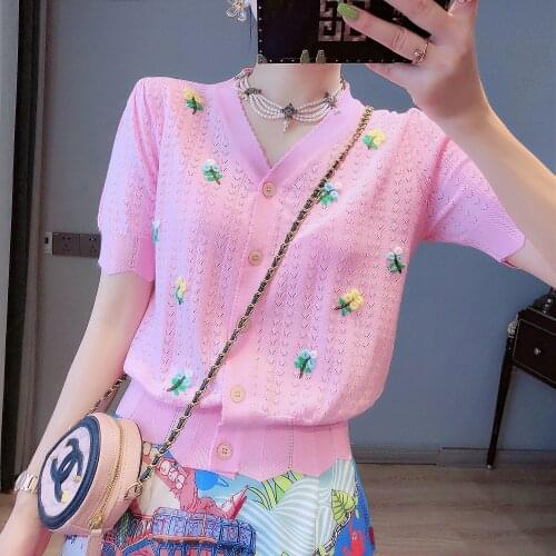 Thin Pink Cardigan for Summer 2021 Sweater Shirt Fashion Crochet Hollow Out V Neck Button Up Short Sleeve Cardigan White Tops