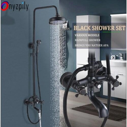 Black Brass Shower Faucets Set 8'' Rainfall Shower Commodity Shelf Dual Handle Mixer Tap Swivel Tub Spout Bath Shower