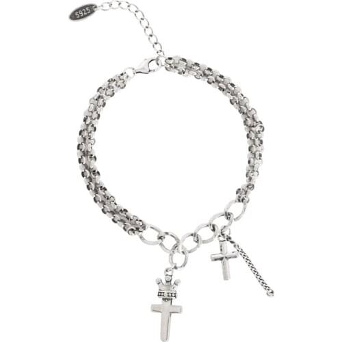 A Girl' Vintage Crown Cross Pendant Bracelet For Women Punk Chunky Double Layer Chain Bracelet Jewelry