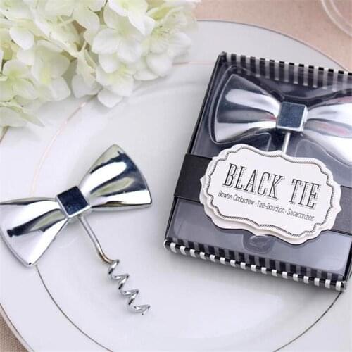Silver Chrome Black Tie Bow-Tie Corkscrew Wine Opener Wedding Favors Party Event Gifts Bridal Shower Anniversary LX5951
