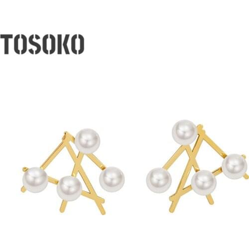 TOSOKO Stainless Steel Jewelry Irregular Geometric Pearl Earrings Womens Personality Earrings BSF525