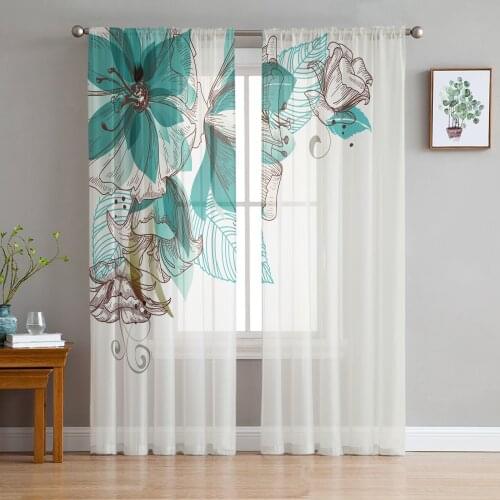 Flowers Bloom Turquoise Plants Roses Tulle Sheer Window Curtains for Living Room Kitchen Children Bedroom Voile Hanging Curtain