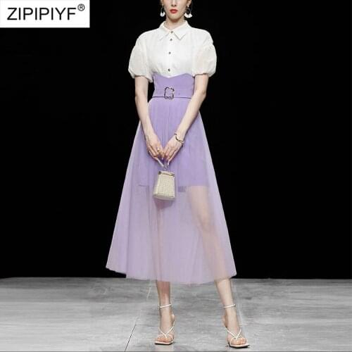 2021 Summer Runway Fashion Elegant Women Short Puff Sleeve Turn Down Neck White Blouse High Waist Gauze Ball Gown Skirts Z440