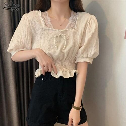Square Collar Puff Sleeve Shirts Vintage Blouse Women Lace Patchwork White Blusas Mujer Korean Womens Pearl Cropped Tops 15332