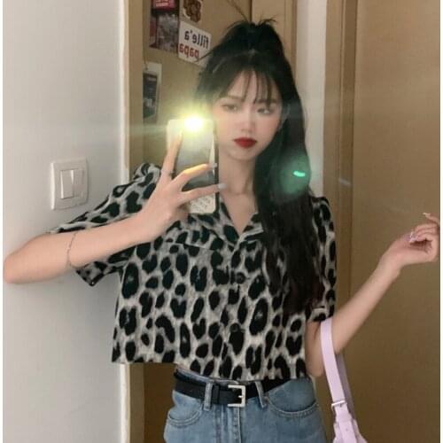 Women Blouses Leopard Shirts Notched Chiffon Crop Tops Single Breasted Casual Stylish Ins Sexy Girls Korean Harajuku Streetwear