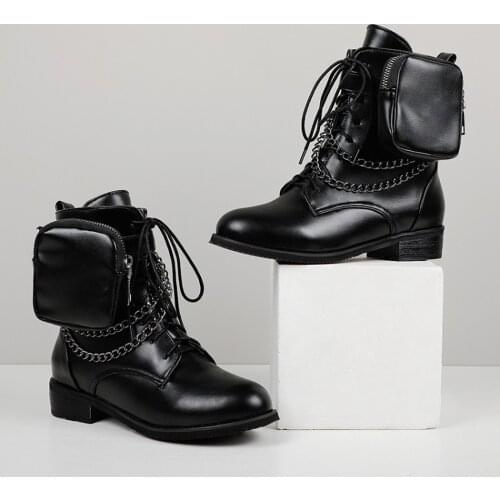 Womens Pointy Toe Ankle Boots Belt Purse Pocket Metal Chains Punk Motorcycle Shoes Retro Chunky Heel Warm Winter Plus Size 34-48