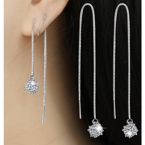 Wholesale Fashion Jewelry 2017 New Shiny Zircon Geometric Design 925 Sterling Silver Long Drop Earrings for Women Jewelry Gift