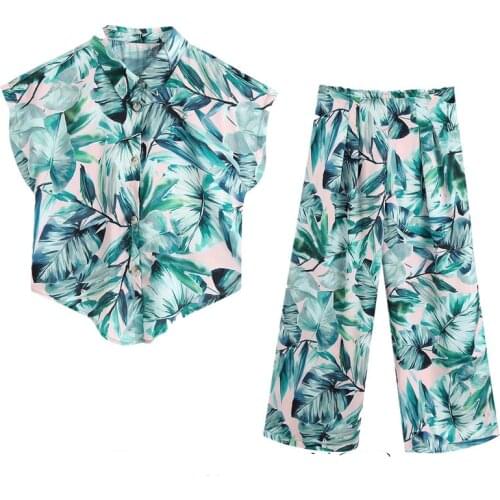 Womens suit new style abstract leaf print lapel hem knotted shirt + high waist elastic slacks 2 piece set women