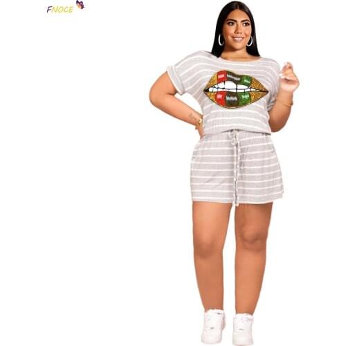 Drawstring Womens Summer 2021 Fashion plus Size WomenLips Classic Striped Casual Home Two-Piece Outfits Suit Polyester Clothes