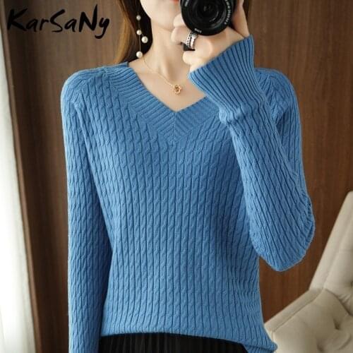 KarSaNy Women Sweater 2021 Solid V Neck New Fashion Pullovers Womens Top Korean Fashion White Long Sleeve Womens Sweater Winter