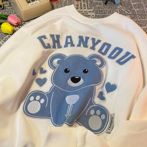 Funny Blue Bear Embroidery Sweatshirt 2021 Harajuku Brand O-neck Long Sleeve Womens Winter Tops new Korean Fashion Teens Clothes
