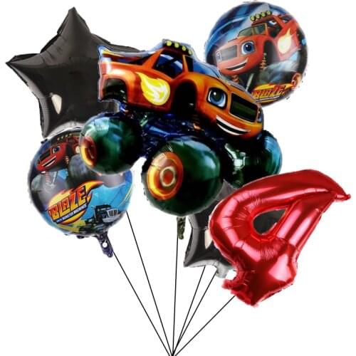 6pcs Blaze And The Machines Foil Ballon Happy Birthday Party Decoration Ball Boy Gift Tank Bus Fire Car Holiday Balloons