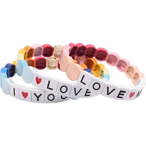 Enamel Rainbow Tile Bracelet Colorful Love Letter Hematite Tila Beads Stretchy Stackable Bangle for Woman Charm Bracelets