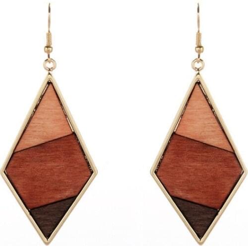 Geometric Rhombus Stitching Alloy Wood Earrings Contrast Color Wood Combination Dangle Earrings for Women Simple Fashion Jewelry