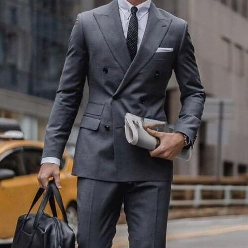 Tailor Made Fashion Double Breasted Grey Men Suits Slim Fit Groom Tuxedo For Wedding Dress Party Male Clothing (Jacket+Pants)
