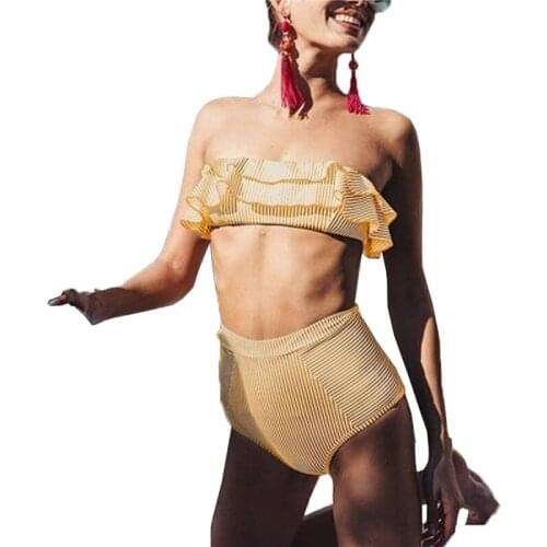 2 Pieces Swimsuits Bikinis Set Female Striped Sleeveless Strapless Bikini Top+ Panties Yellow/Blue S/M/L/XL Spandex Fabric