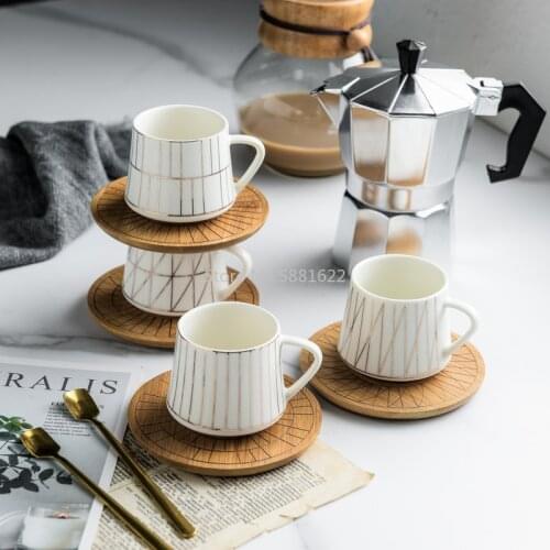 Creative Line Striped Ceramic Coffee Cup with Bamboo Dish Nordic Afternoon Tea Mini 80ml Concentrated Coffee Cup To Send Spoon
