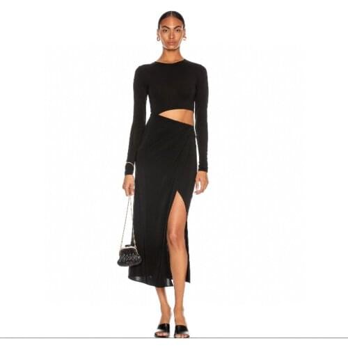 Fashion 2021SS Summer New Women Midriff Black Long Sleeve Slim Dress For Female Rmsx 7.19