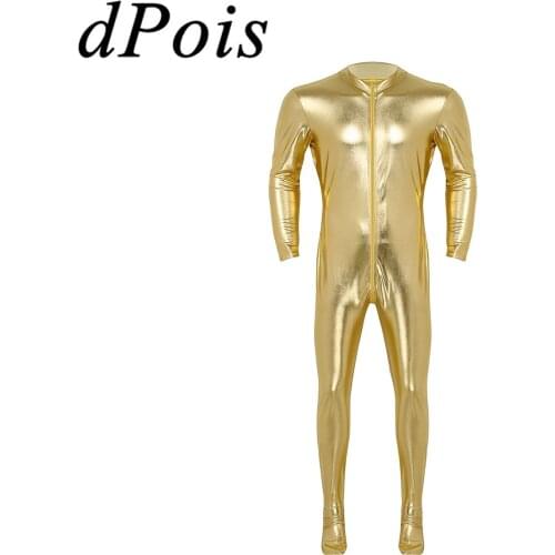 Mens Sexy Shiny Metallic One-piece Body Suits Closed Toe Full Body Leotard Teddies Bodysuit Catsuit Homme Male Clubwear Costume