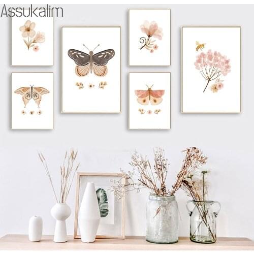 Nursery Wall Print Butterfly Art Prints Flowers Posters Bee Canvas Painting Minimalist Poster Nordic Wall Picture Kid Room Decor