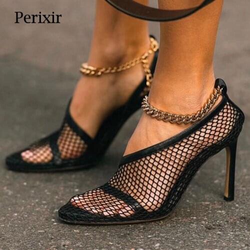 Perixir Women Pumps Air Mesh Ankle Metal Chain Decoration Stiletto Heel Pointed Toe Footwear Sheepskin Breathable Ladies Shoes