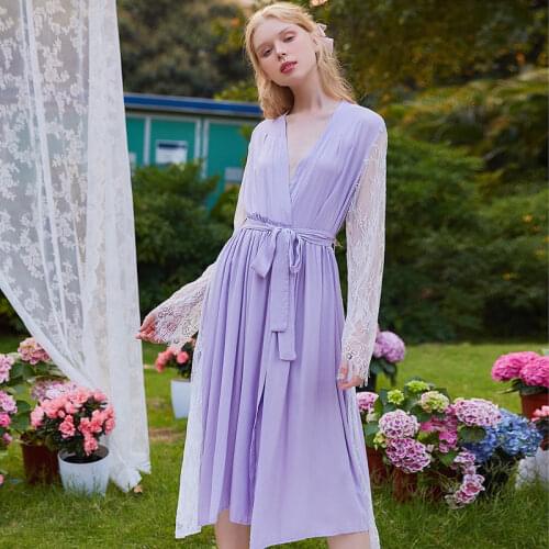 Romantic Cotton Long Nightgowns Women Autumn Fairy Sexy Lace Sleeve Belted Robe Night Dress Negligee Peignoir Princess Sleepwear