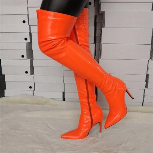 Real Photo Sexy Ladies Orange Stiletto Leather Women Thigh High Crotch Boots Latex High Heel Womens winter Spring Shoe Overknee
