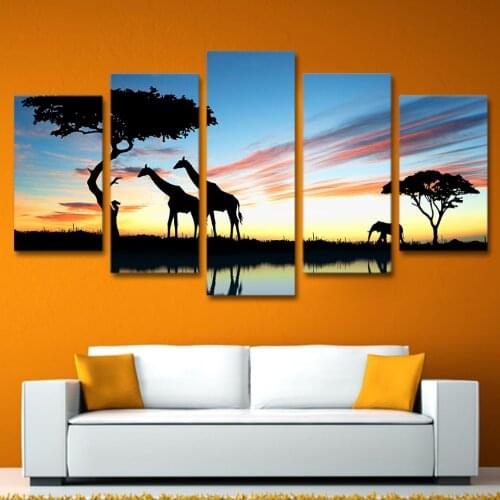 Modern canvas wall art print painting pictures giraffe elephants sunset scenery posters 5 piece of African animals