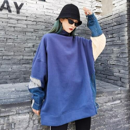 Autumn Winter Fashion Gray Women Sweater Denim Stitching 2021 New Trend Thick High Neck Pullover Sweatshirts LL88