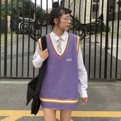2020 Spring Autumn Girls Loose Korean Sleeveless Knitted Vests Pullovers V Neck Sweaters For Jk School Uniform Student Clothes