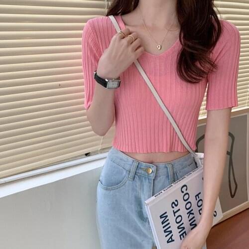 Women Summer T-shirt Female Tops Crop Tops Short Sleeve Striped Slim Fit High Waist Women 2021 y2k tops
