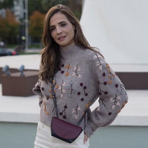 Ardm Za Pull Chic Bead Embroidery Grey Sweater Elegant Long Sleeve Vintage Winter Knit Pullover Women Tops With Floral Jumper