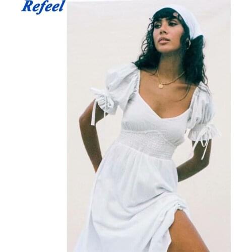 New Fashion Women Elegant White Party Dress Elastic Female Elastic Square Neck Short Sleeve A-line Midi Summer Dress 2021 Robe