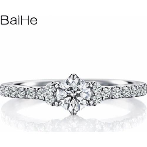 BAIHE Solid 18K White Gold 0.20CT H/SI Round Natural Diamonds Wedding Gift Women Trendy Fine Jewelry Gift simple Diamond Ring