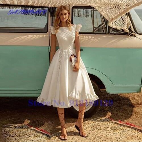 Vestidos De Novia Beach Short A Line Wedding Dresses 2021 Tea-Length Backless Satin Lace Ruffles Bride Gowns Robe De Mariée