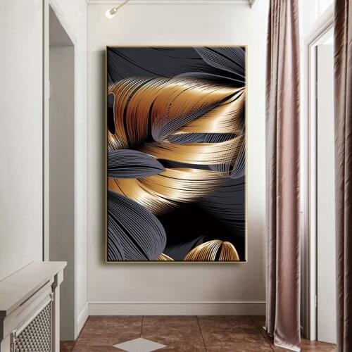 Gold and black flower leaves HD printable painting on canvas modern plant wall art prints for Nordic home decoration pictures